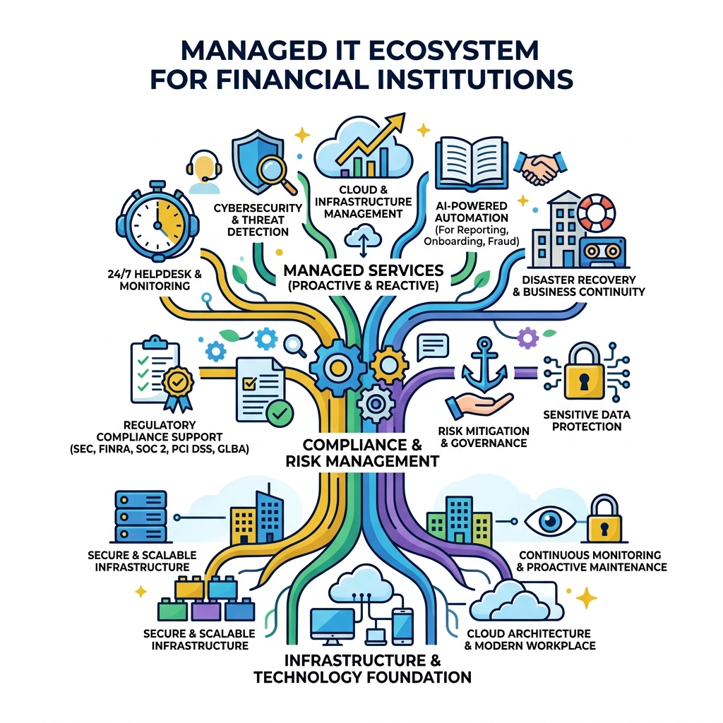 Managed IT ecosystem for financial institutions showing services, compliance, and infrastructure layers - Managed IT for