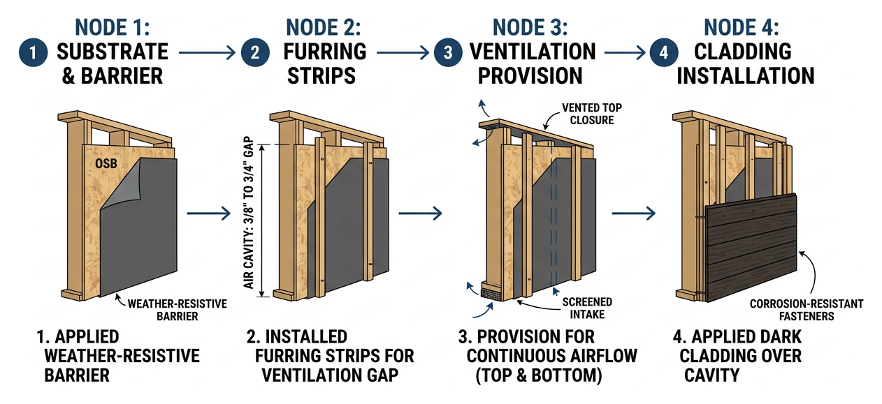 Step-by-step rainscreen wall assembly for dark cladding