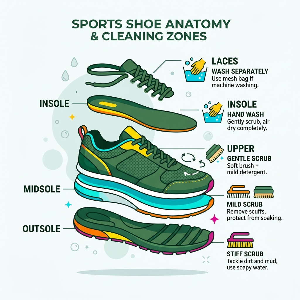 Infographic showing sports shoe anatomy and cleaning zones: outsole, midsole, upper, insole, and laces - best way to clean Infographic showing sports shoe anatomy and cleaning zones: outsole, midsole, upper, insole, and laces - best way to clean