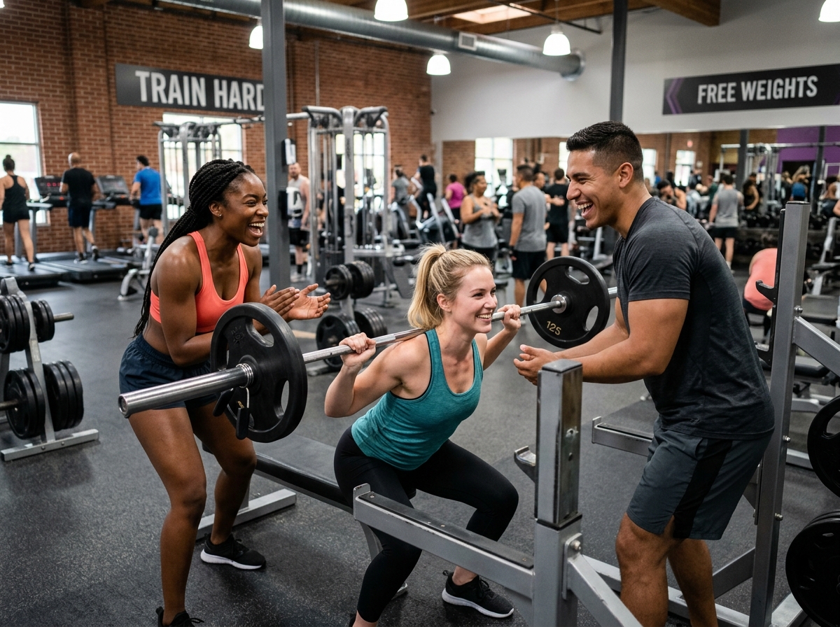 A small group of three clients smiling and encouraging each other during a workout session - semi private training sessions A small group of three clients smiling and encouraging each other during a workout session - semi private training sessions