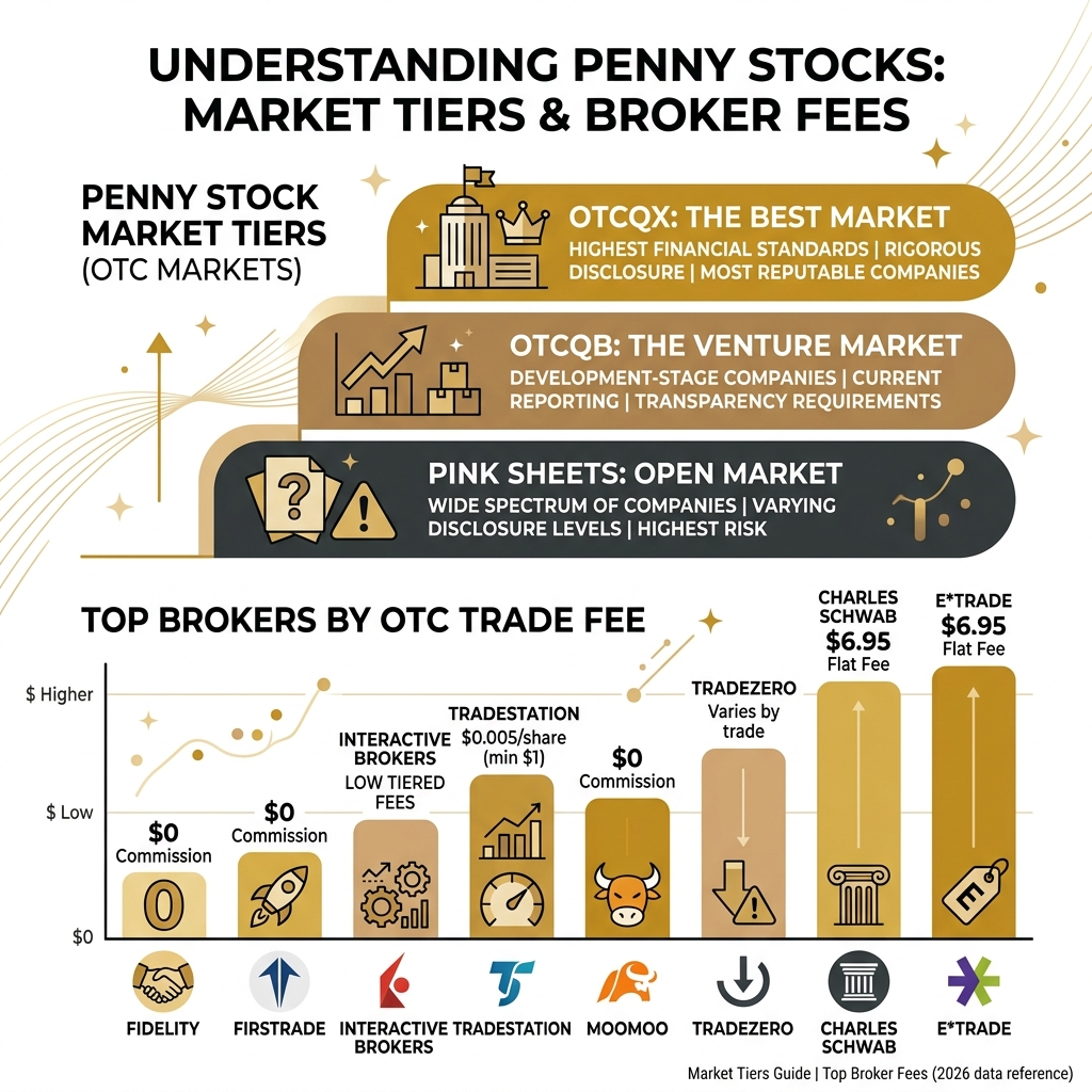 Infographic showing penny stock market tiers OTCQX OTCQB Pink Sheets and top brokers by OTC fee - best brokerage for trading