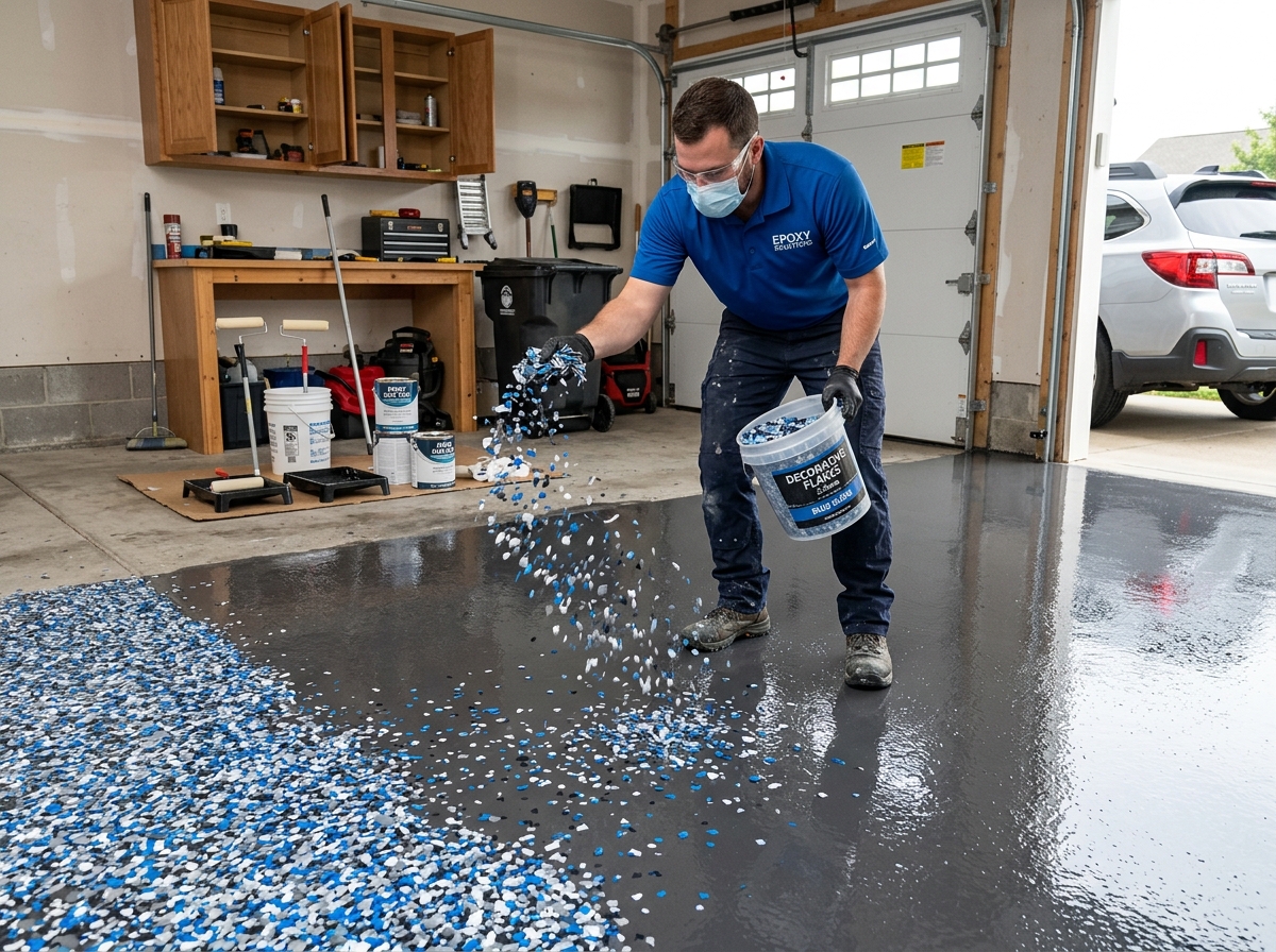 Decorative flakes being broadcast evenly over a wet epoxy base coat - epoxy floor coating install Decorative flakes being broadcast evenly over a wet epoxy base coat - epoxy floor coating install