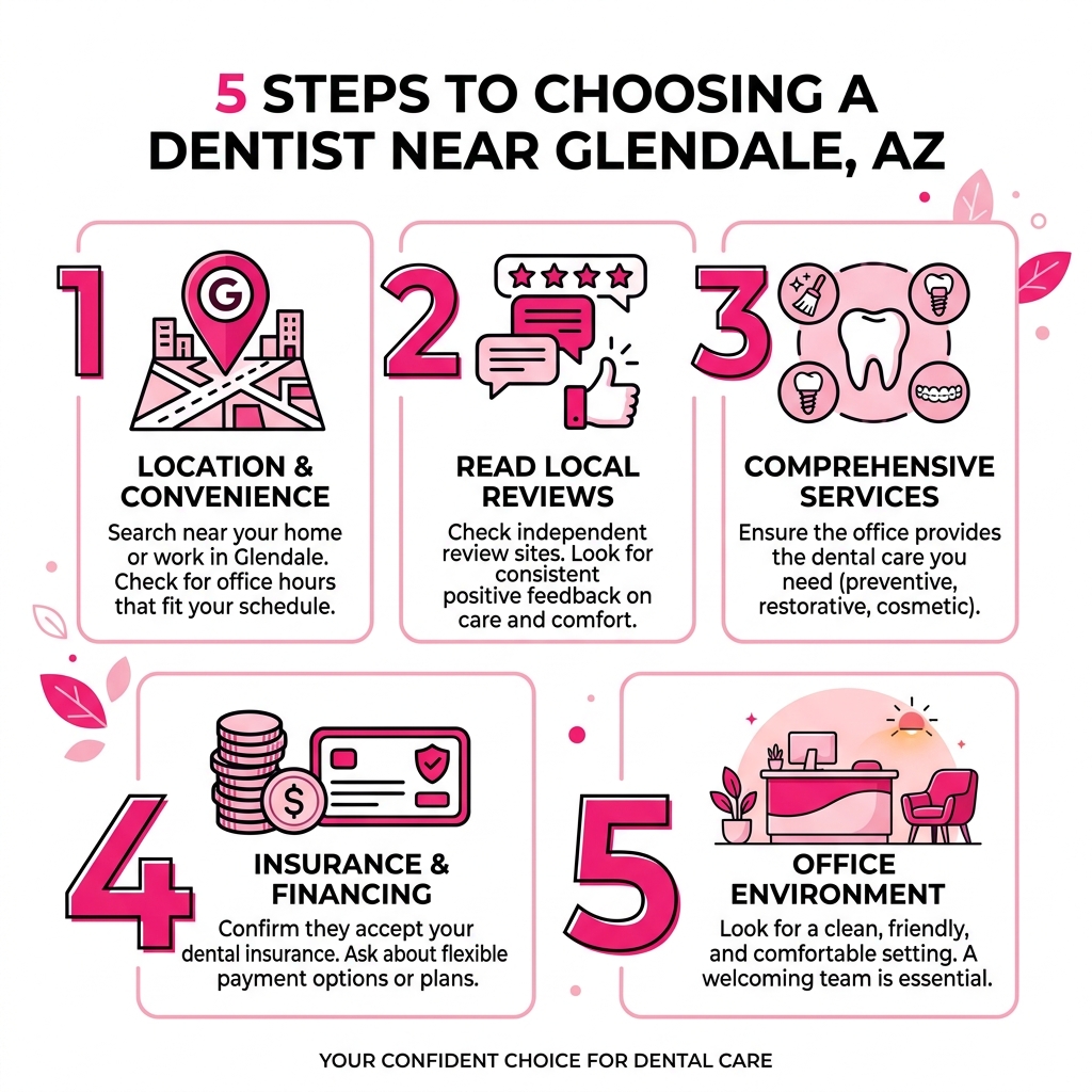 Infographic showing 5 steps to choosing a local dentist near Glendale AZ - Dentist near Glendale infographic 