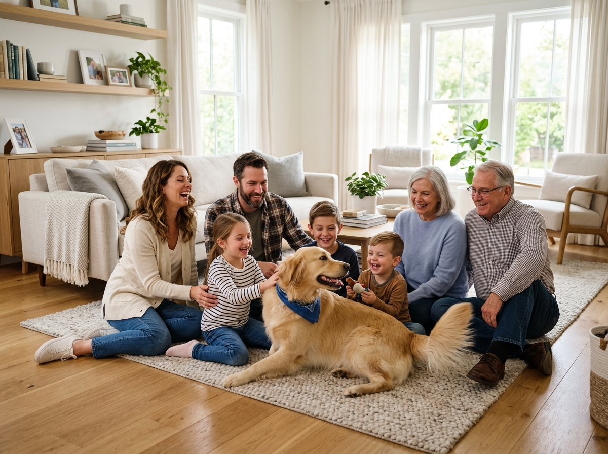 A happy family playing with their dog in a clean, fresh-smelling living room - air sponge spray
