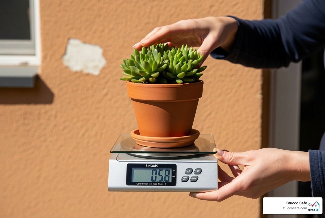 Person measuring weight of an item to be hung on stucco wall - best anchors for stucco exterior Person measuring weight of an item to be hung on stucco wall - best anchors for stucco exterior