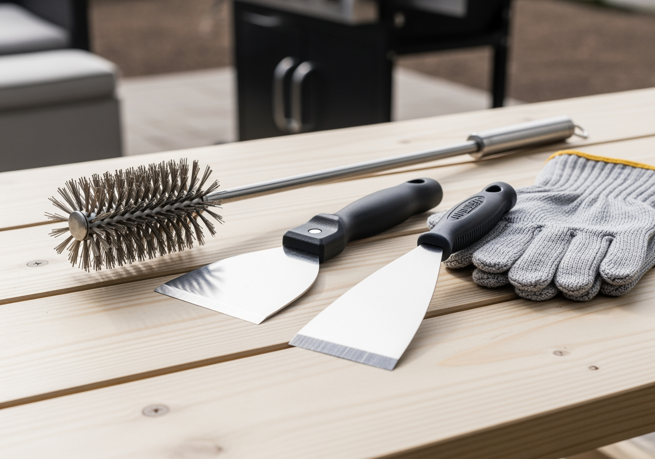 Grill cleaning tools laid out (brush, scraper, gloves) - Infrared burner cleaning