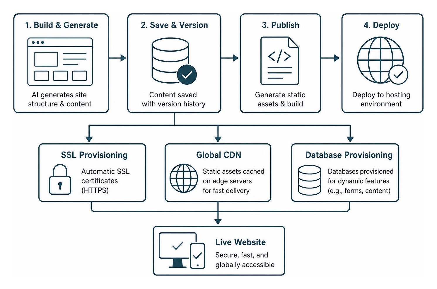 Diagram of backend publishing workflow with SSL CDN and database provisioning