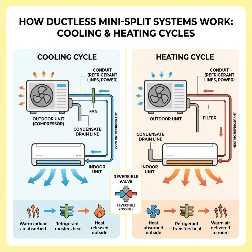 ductless mini-split cooling and heating cycle - ductless mini split hvac infographic 