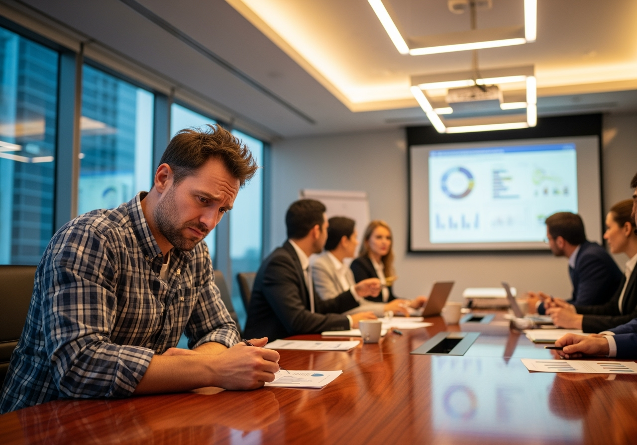 A technologist looking uncertain or being ignored in a high-stakes meeting - executive presence coaching