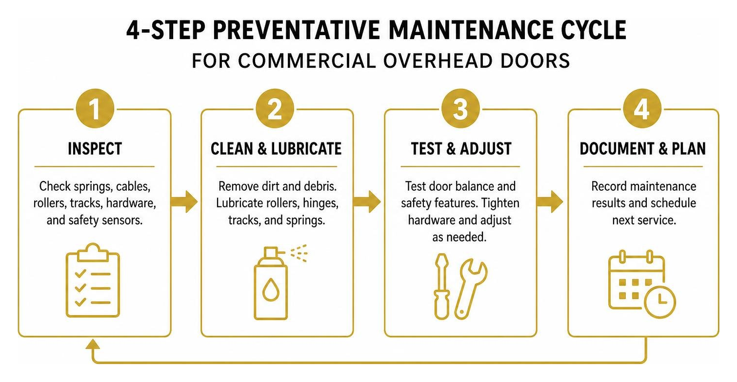 Diagram: 4-Step Preventative Maintenance Cycle for Commercial Overhead Doors