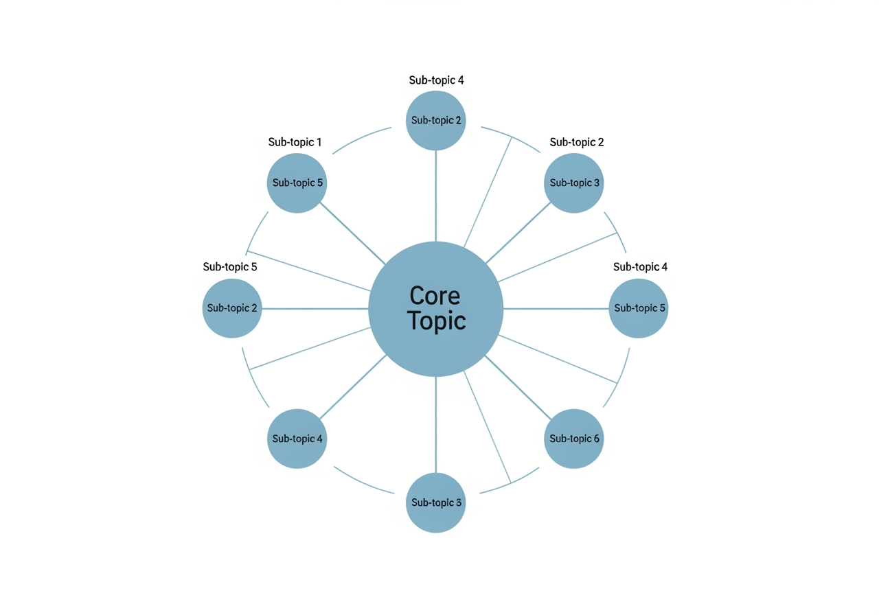 Diagram showing a central pillar page titled "SEO Services" with lines connecting to multiple surrounding cluster content pieces such as "Local SEO for Small Businesses," "Technical SEO Audit Checklist," "Link Building Strategies 2024," and "Keyword Research Guide." All cluster pieces also have internal links to each other. - Topical content strategy Diagram showing a central pillar page titled "SEO Services" with lines connecting to multiple surrounding cluster content pieces such as "Local SEO for Small Businesses," "Technical SEO Audit Checklist," "Link Building Strategies 2024," and "Keyword Research Guide." All cluster pieces also have internal links to each other. - Topical content strategy