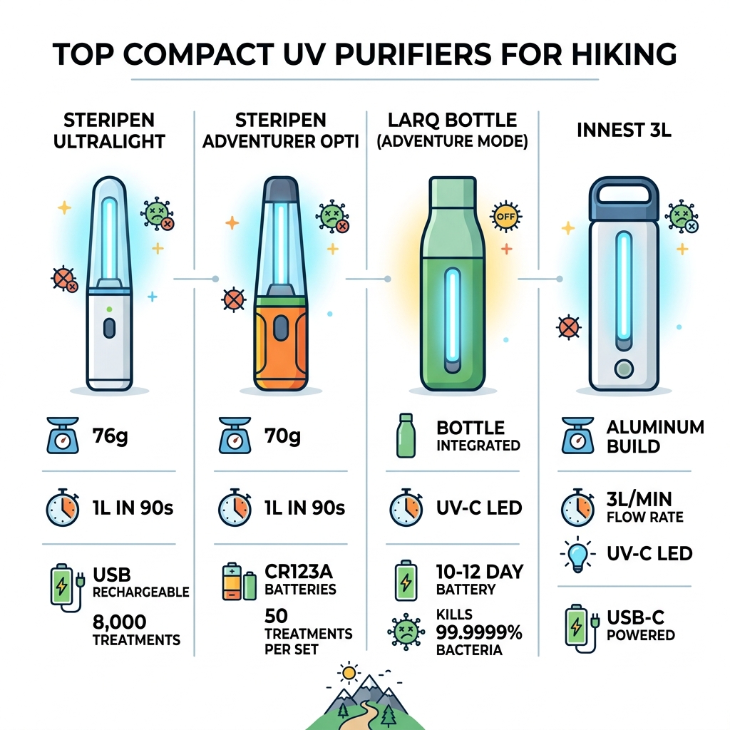 Infographic showing top compact UV purifiers for hiking compared by weight, treatment time, and battery life - compact uv Infographic showing top compact UV purifiers for hiking compared by weight, treatment time, and battery life - compact uv