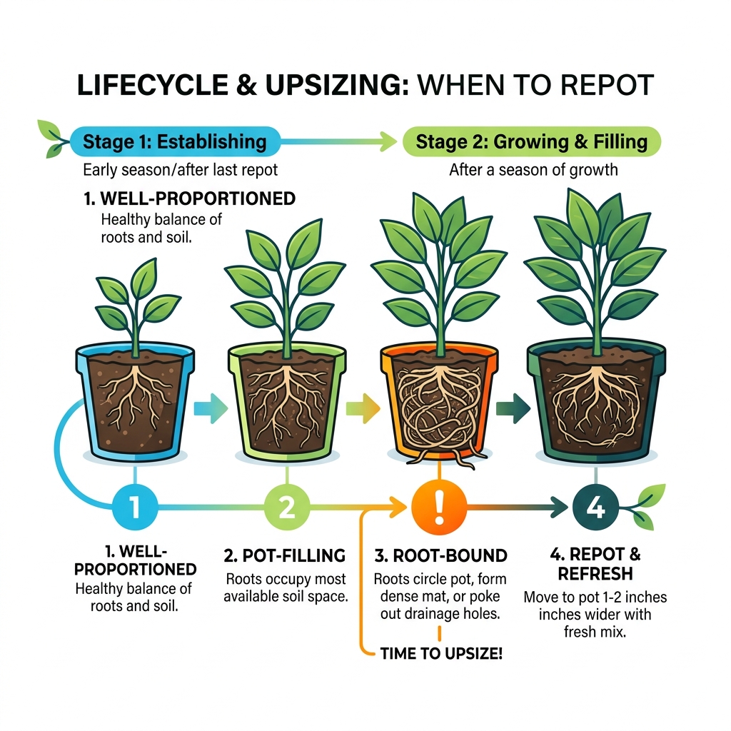 Lifecycle of a container plant showing root growth stages and when to upsize the pot - repotting house plants into bigger Lifecycle of a container plant showing root growth stages and when to upsize the pot - repotting house plants into bigger