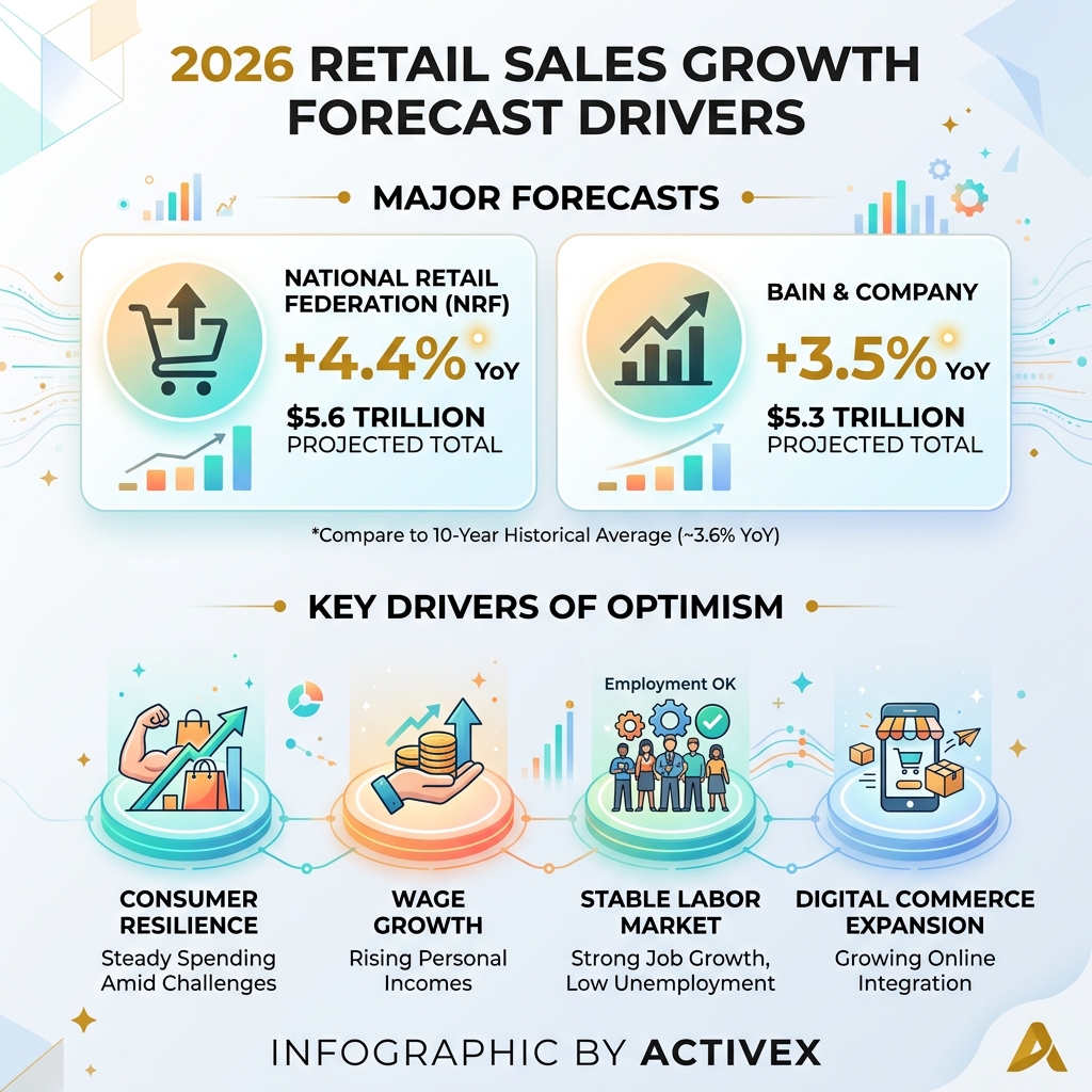 2026 retail sales growth forecast drivers infographic showing NRF, Bain forecasts, key economic factors - retail sales