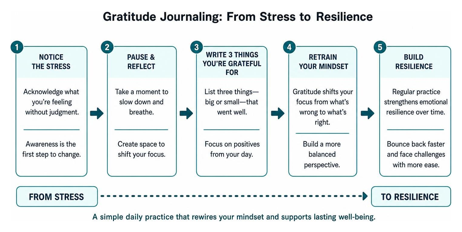 Process framework showing how gratitude journaling shifts mindset from stress to resilience