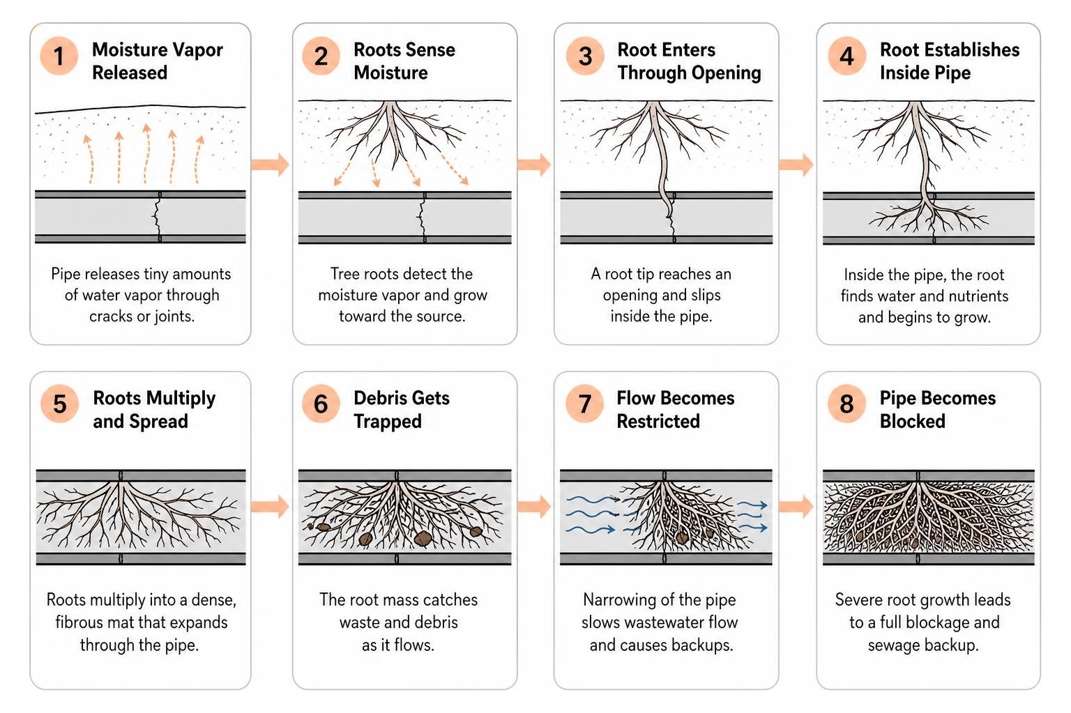 Root intrusion process from moisture vapor attraction to pipe blockage Root intrusion process from moisture vapor attraction to pipe blockage