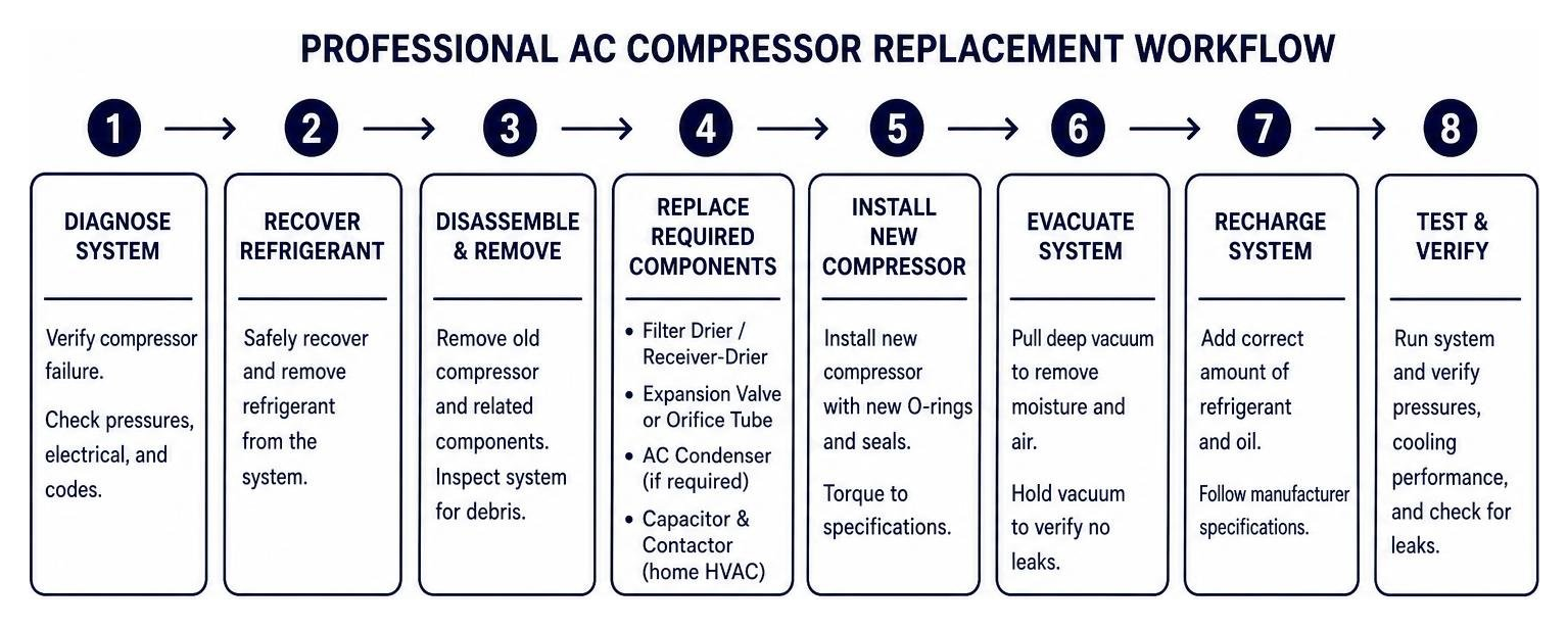 Step-by-step process diagram of a professional AC compressor replacement workflow Step-by-step process diagram of a professional AC compressor replacement workflow