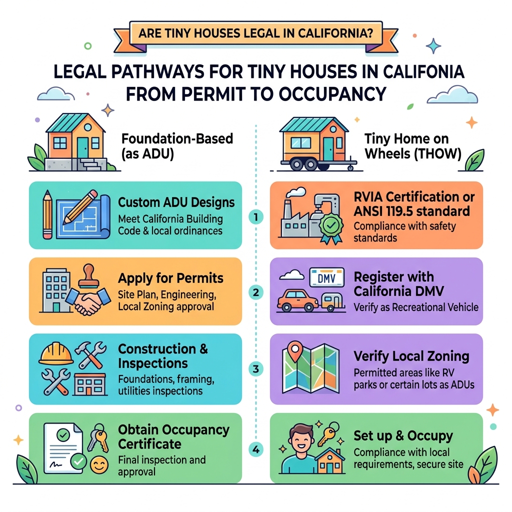 Legal pathways for tiny houses in California from permit to occupancy - are tiny houses legal in california infographic 