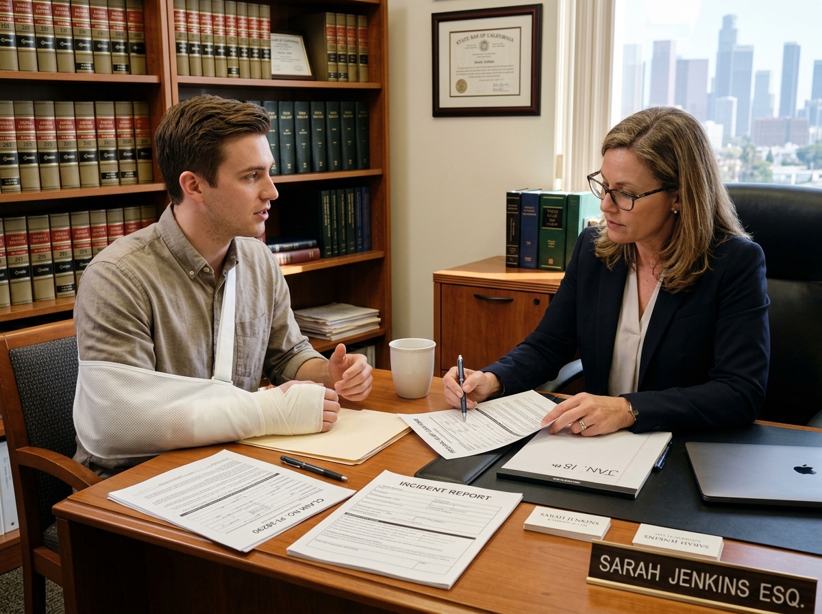 A legal consultation between a lawyer and a client with a bandaged arm discussing a personal injury claim - cat bite injury