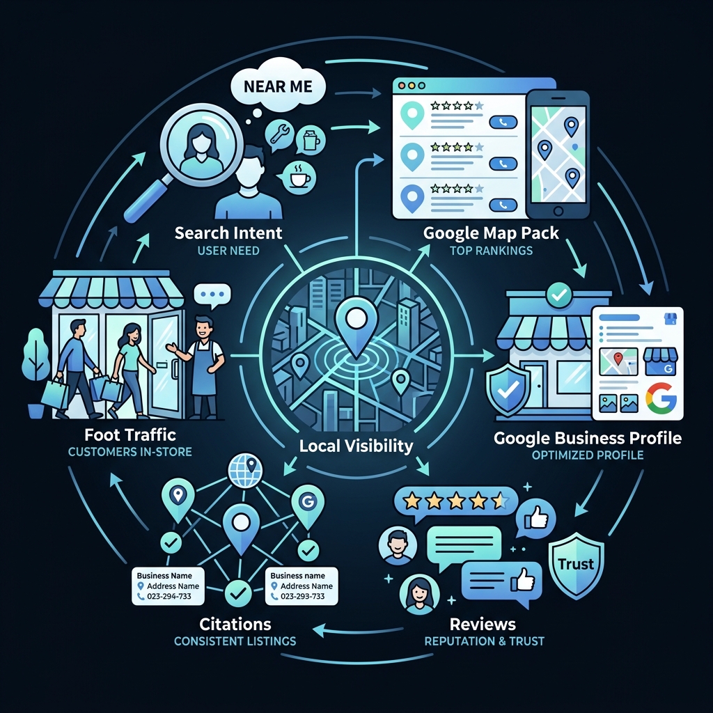 Infographic showing the local SEO ecosystem: search intent, Google Map Pack, GBP, reviews, citations, and foot traffic Infographic showing the local SEO ecosystem: search intent, Google Map Pack, GBP, reviews, citations, and foot traffic