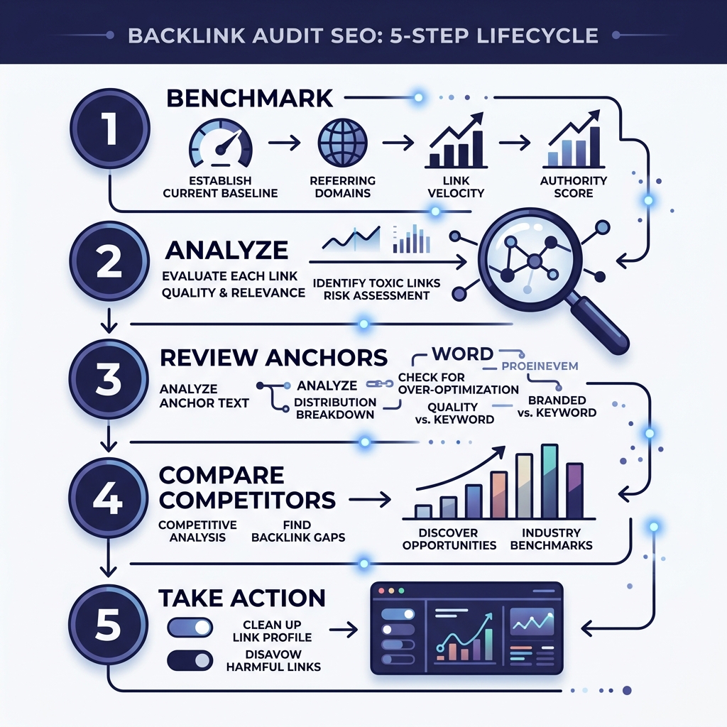 5-step backlink audit lifecycle infographic: benchmark, analyze, review anchors, compare competitors, take action - backlink 5-step backlink audit lifecycle infographic: benchmark, analyze, review anchors, compare competitors, take action - backlink
