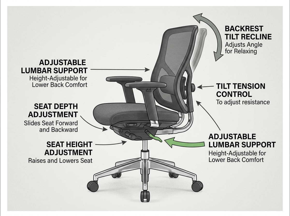 diagram of ergonomic chair adjustments including seat height, tilt, and lumbar support - green office chair