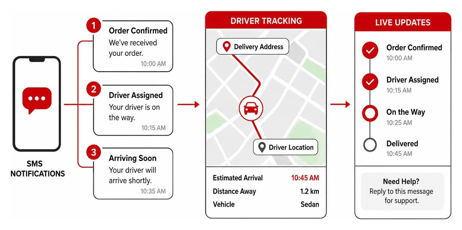 Real-time SMS notification and driver tracking interface Real-time SMS notification and driver tracking interface