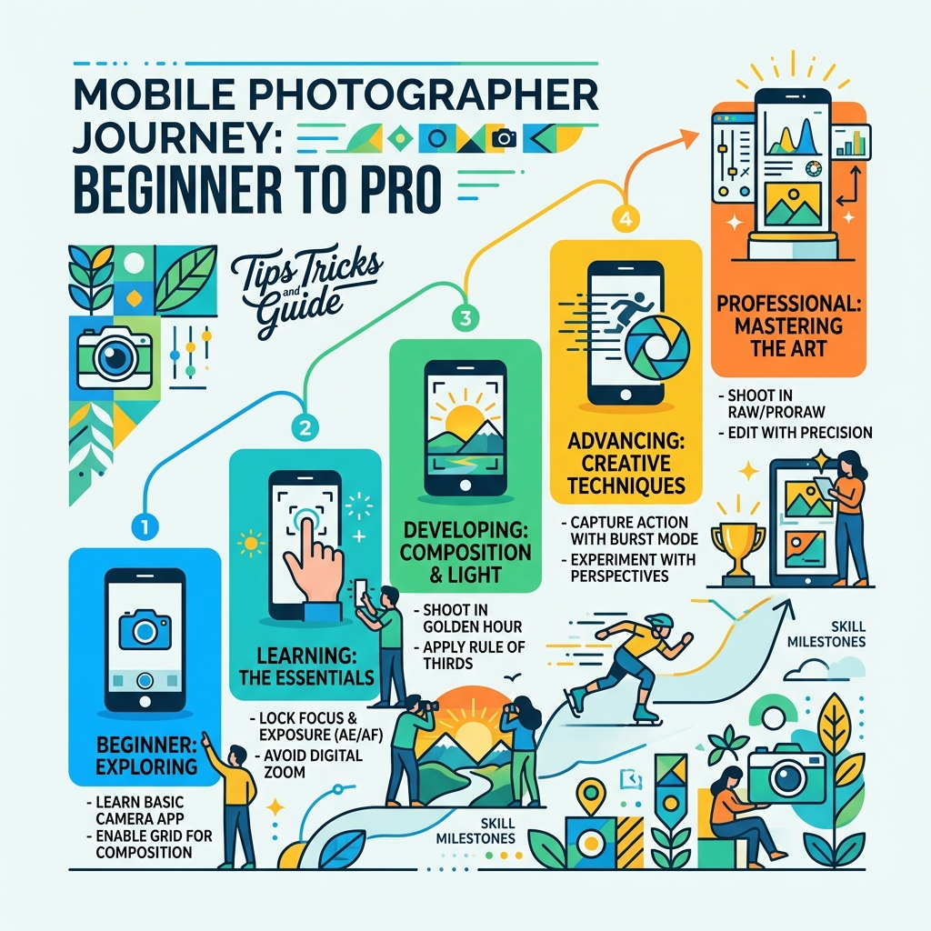 Infographic showing beginner to pro mobile photographer journey with key skill milestones - mobile photography tips and