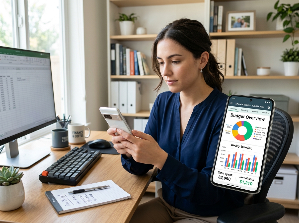 Young professional using a budgeting app to track monthly spending - first job financial tips