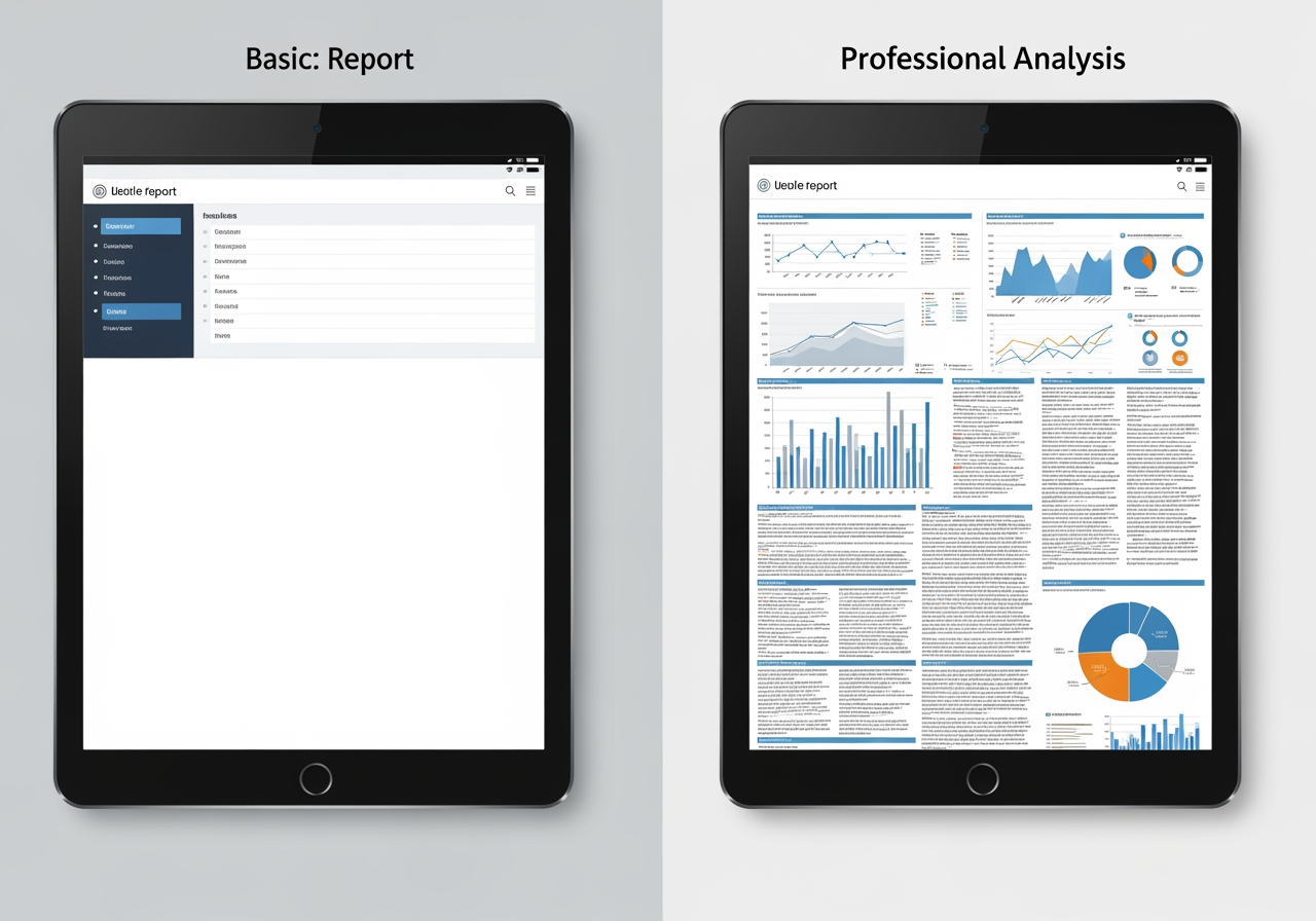 Comparison of basic SEO report and professional analysis on tablets, highlighting detailed data visualization and actionable insights for website improvement.