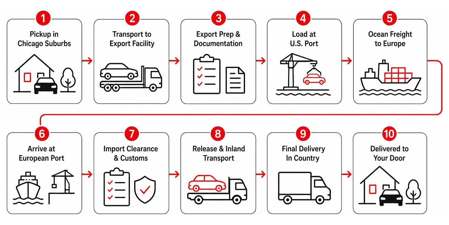 Diagram showing step-by-step logistics from Chicago suburban pickup to maritime shipping and European terminal delivery Diagram showing step-by-step logistics from Chicago suburban pickup to maritime shipping and European terminal delivery