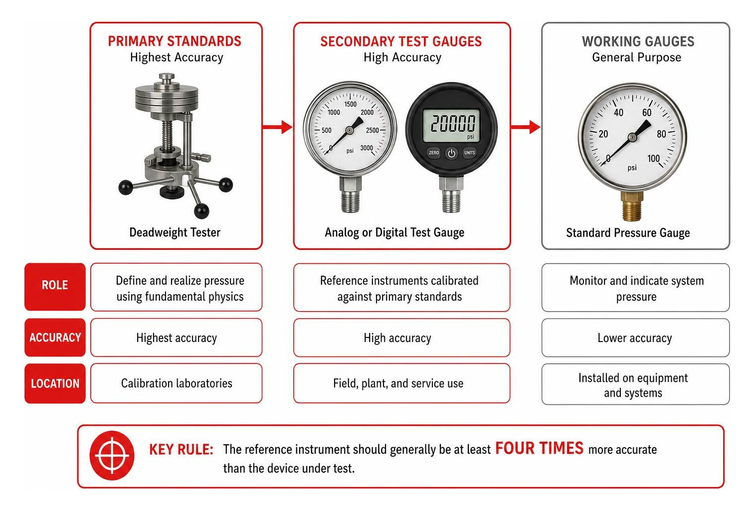 Hierarchy of primary standards, secondary test gauges, and working gauges Hierarchy of primary standards, secondary test gauges, and working gauges