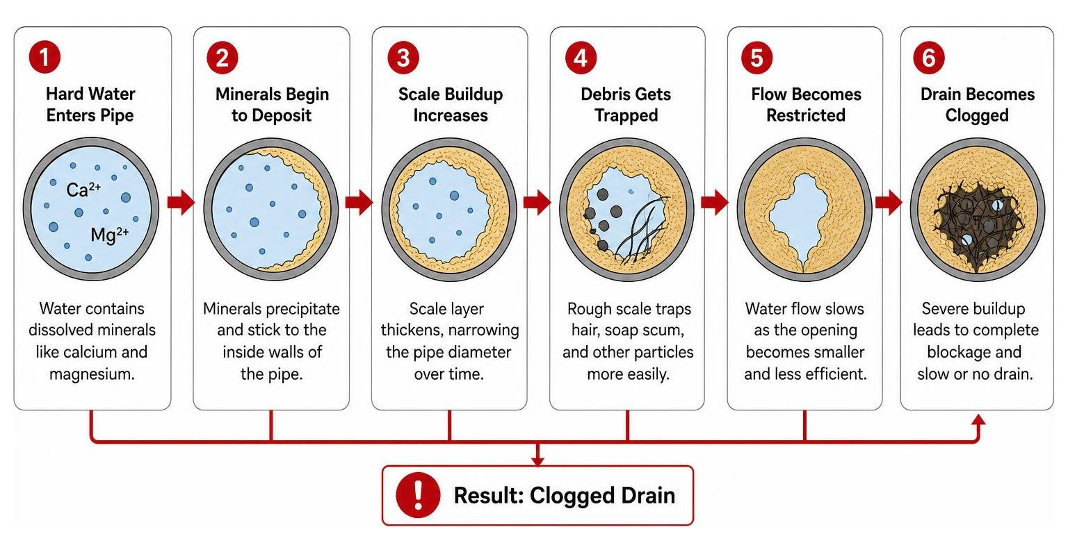 diagram showing the process of mineral scale buildup leading to a clogged drain