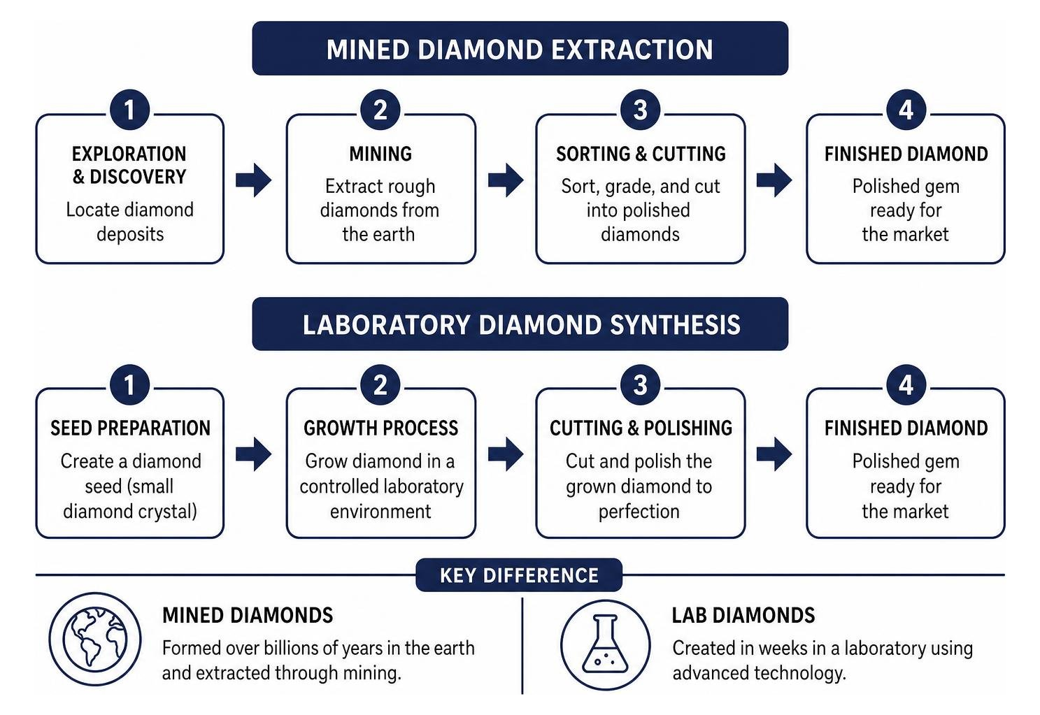 process comparison between mined diamond extraction and laboratory diamond synthesis