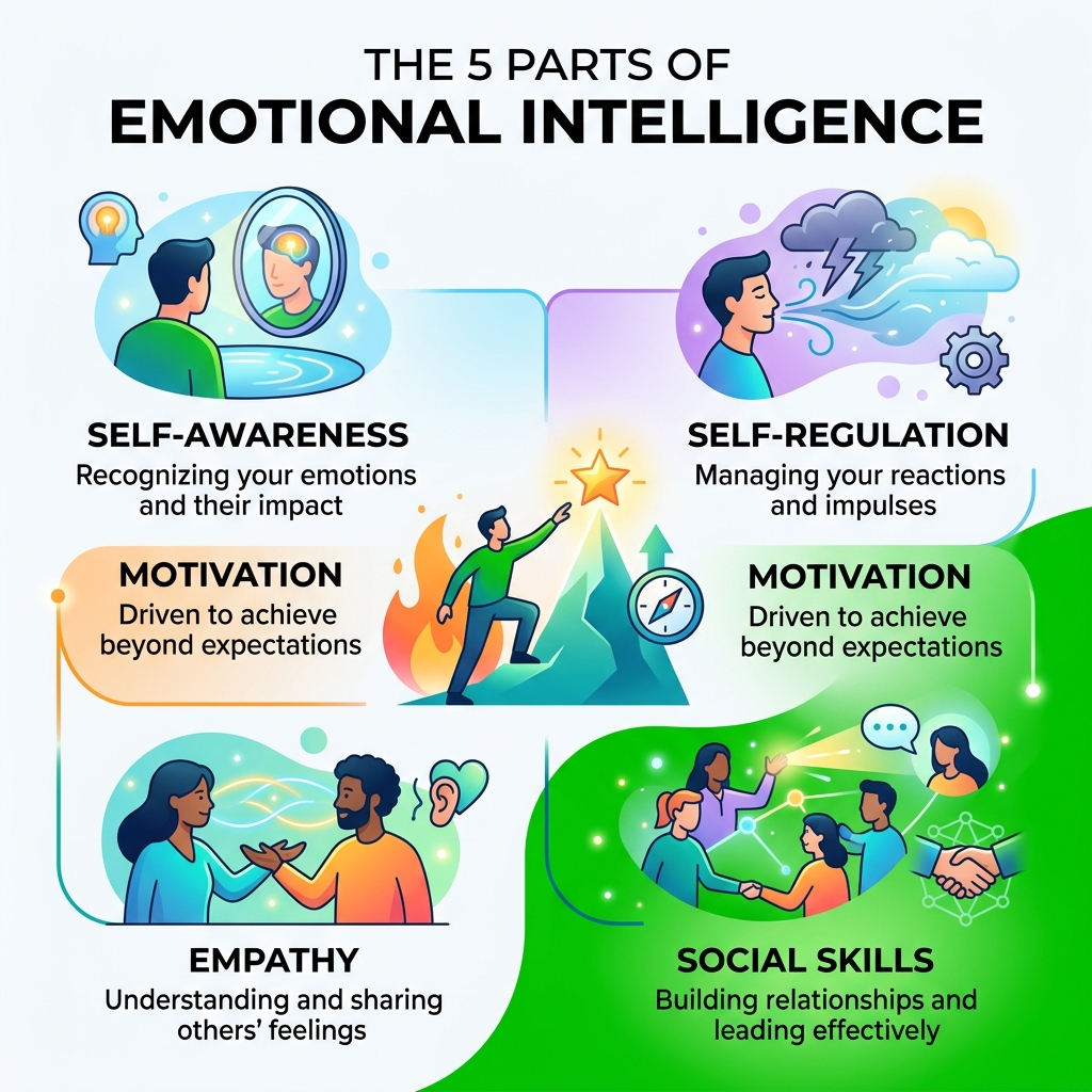 infographic showing the 5 parts of emotional intelligence: self-awareness, self-regulation, motivation, empathy, social