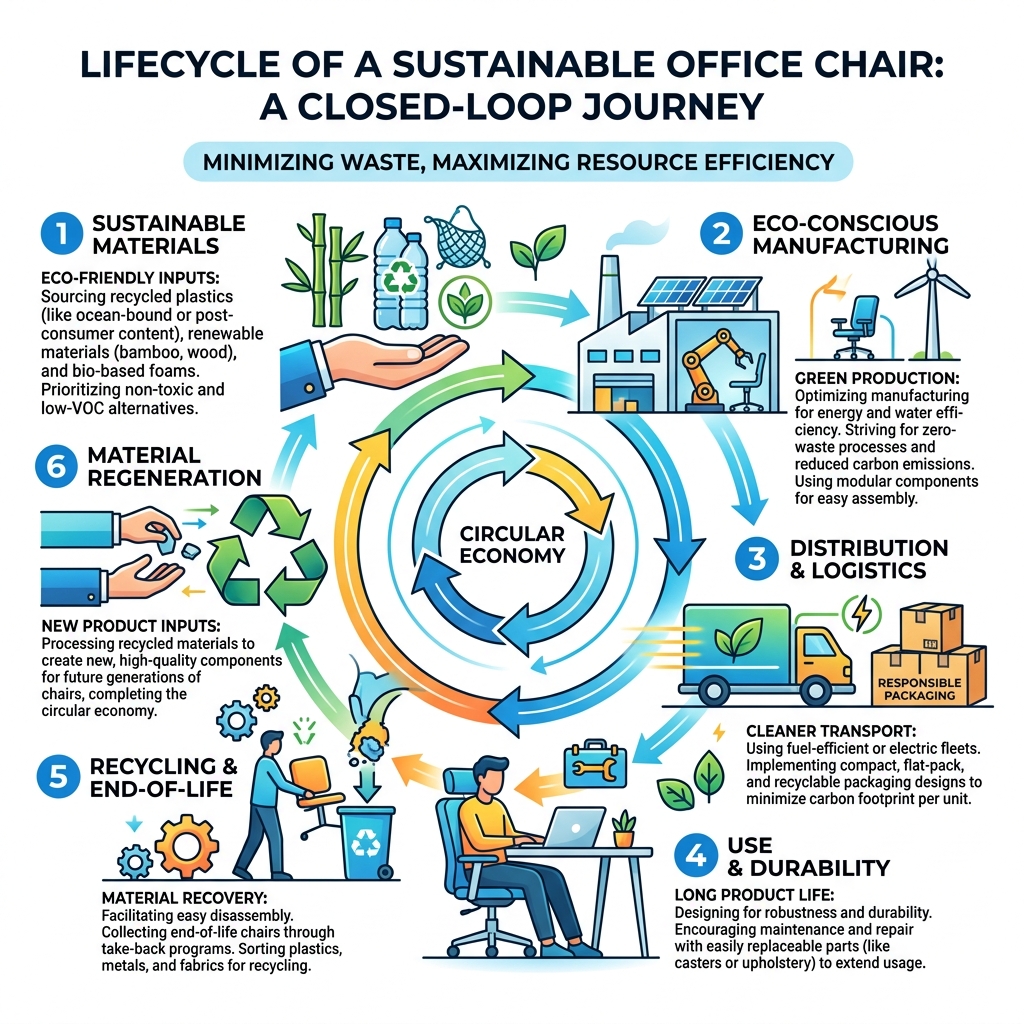 Lifecycle of a sustainable office chair from materials to recycling - best sustainable office chair infographic 