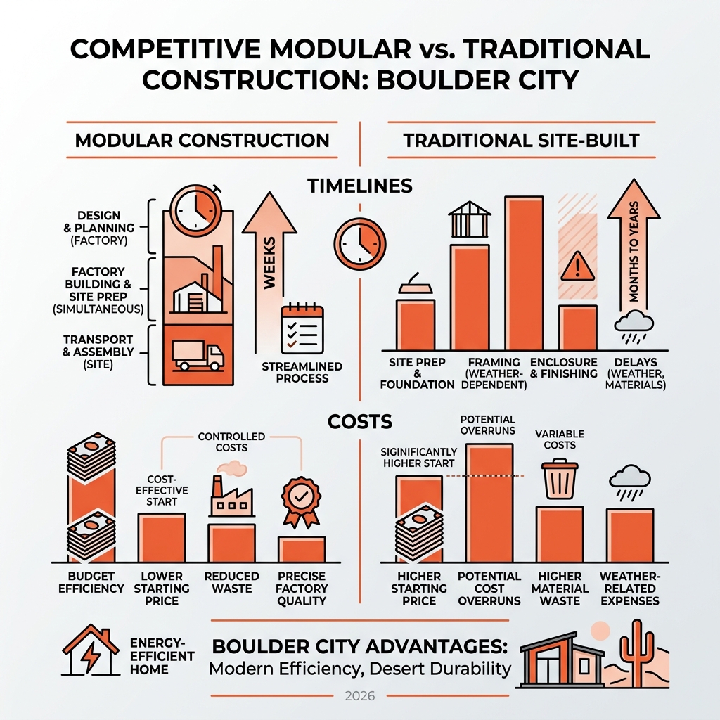Infographic comparing modular vs. traditional construction timelines and costs in Boulder City - competitive modular designs Infographic comparing modular vs. traditional construction timelines and costs in Boulder City - competitive modular designs