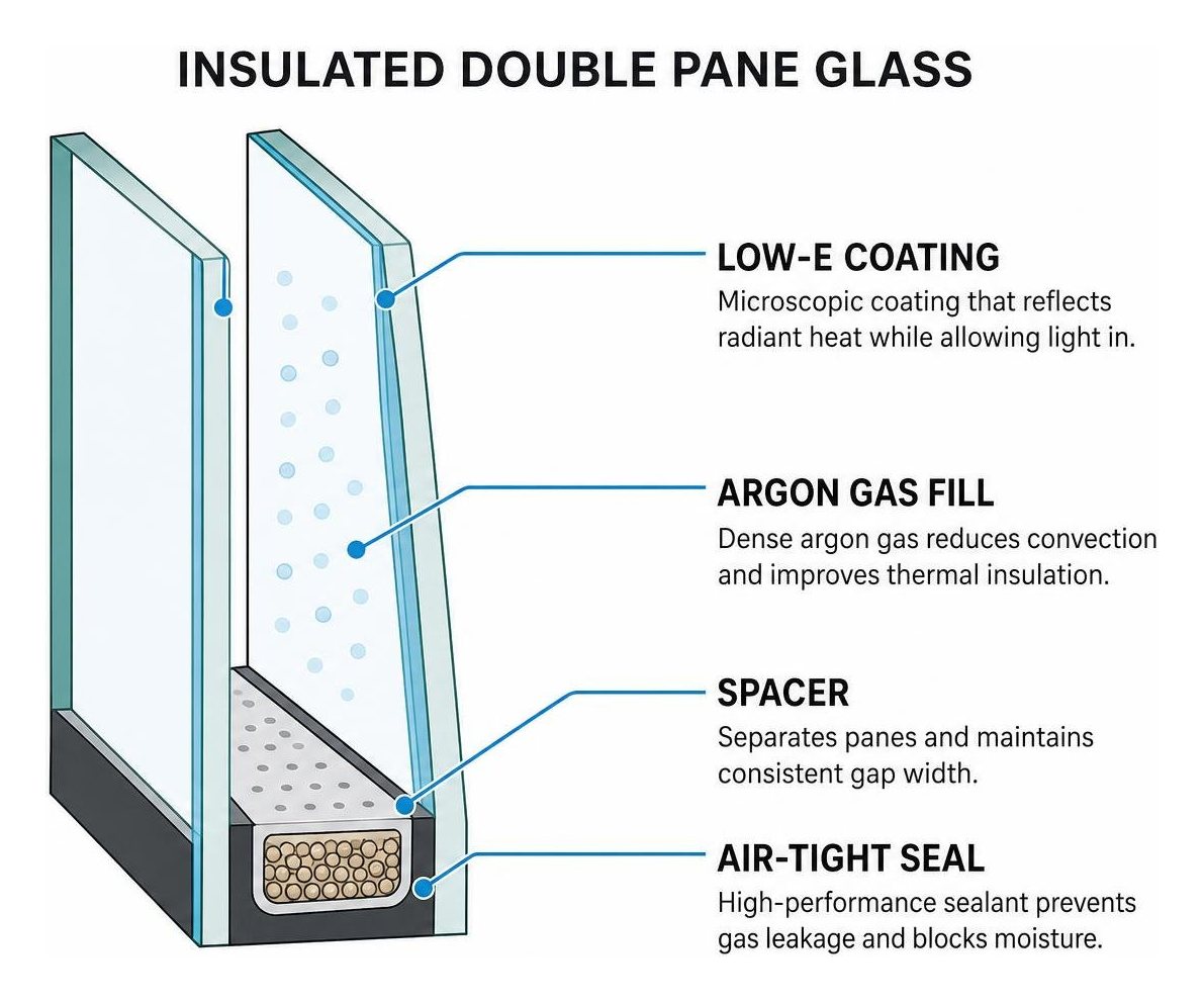 diagram of insulated double pane glass showing low-e coatings and argon gas fill diagram of insulated double pane glass showing low-e coatings and argon gas fill