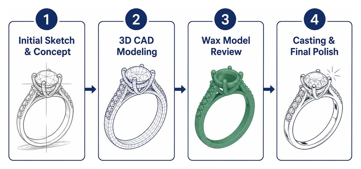 Four-stage custom jewelry design process from sketch to final polish Four-stage custom jewelry design process from sketch to final polish