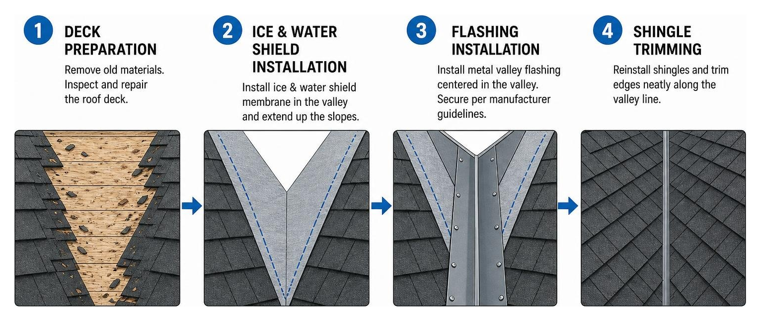 Step-by-step diagram of roof valley reconstruction including deck preparation, ice & water shield installation, flashing Step-by-step diagram of roof valley reconstruction including deck preparation, ice & water shield installation, flashing