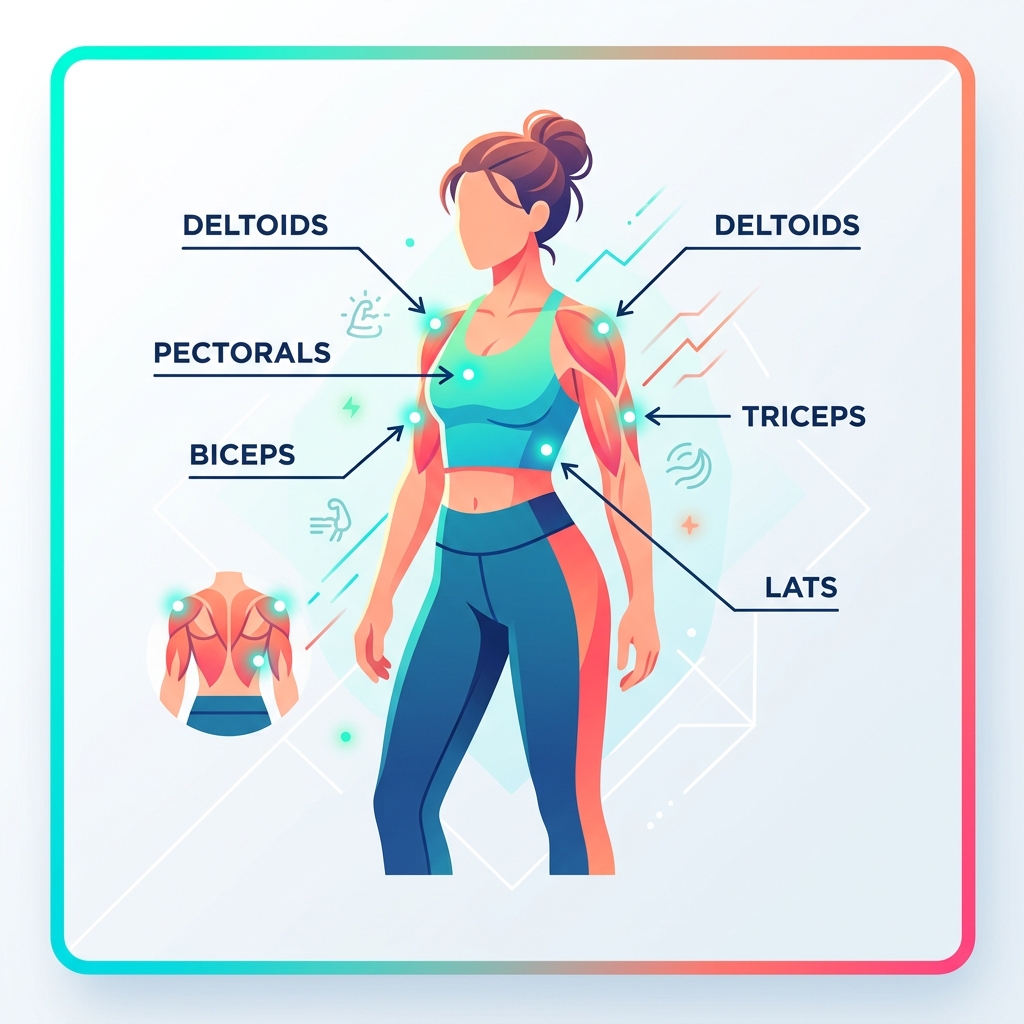 major upper body muscle groups: deltoids, pectorals, lats, biceps, triceps labeled - women's upper body workout guide