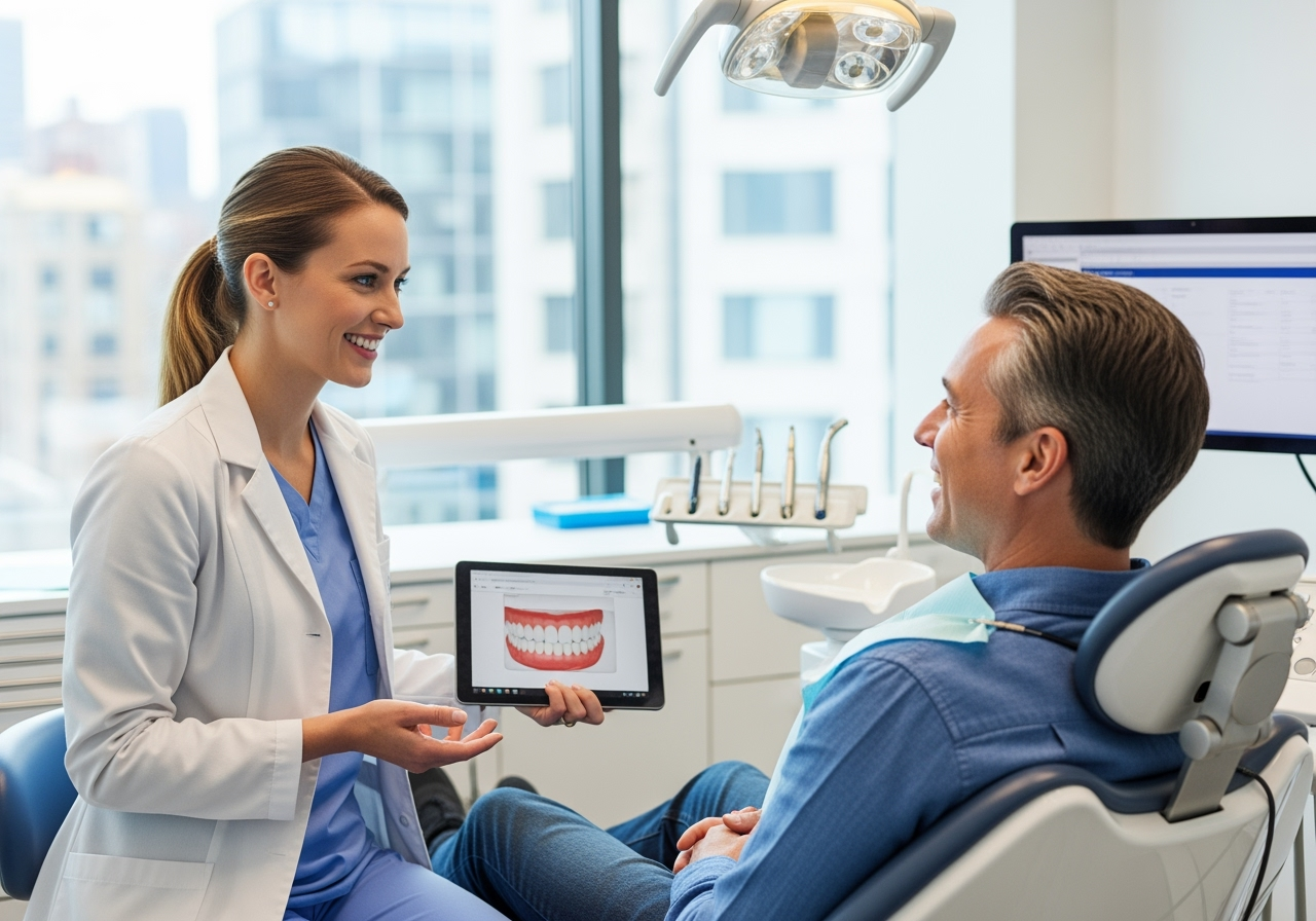 Dental hygienist smiling while consulting with a patient - dental hygiene jobs