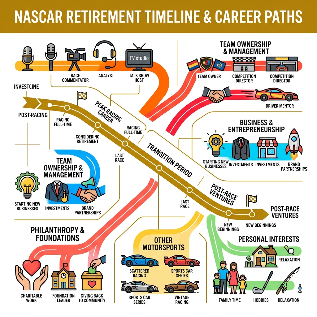 NASCAR retirement timeline and post-race career paths infographic - nascar drivers retired infographic 