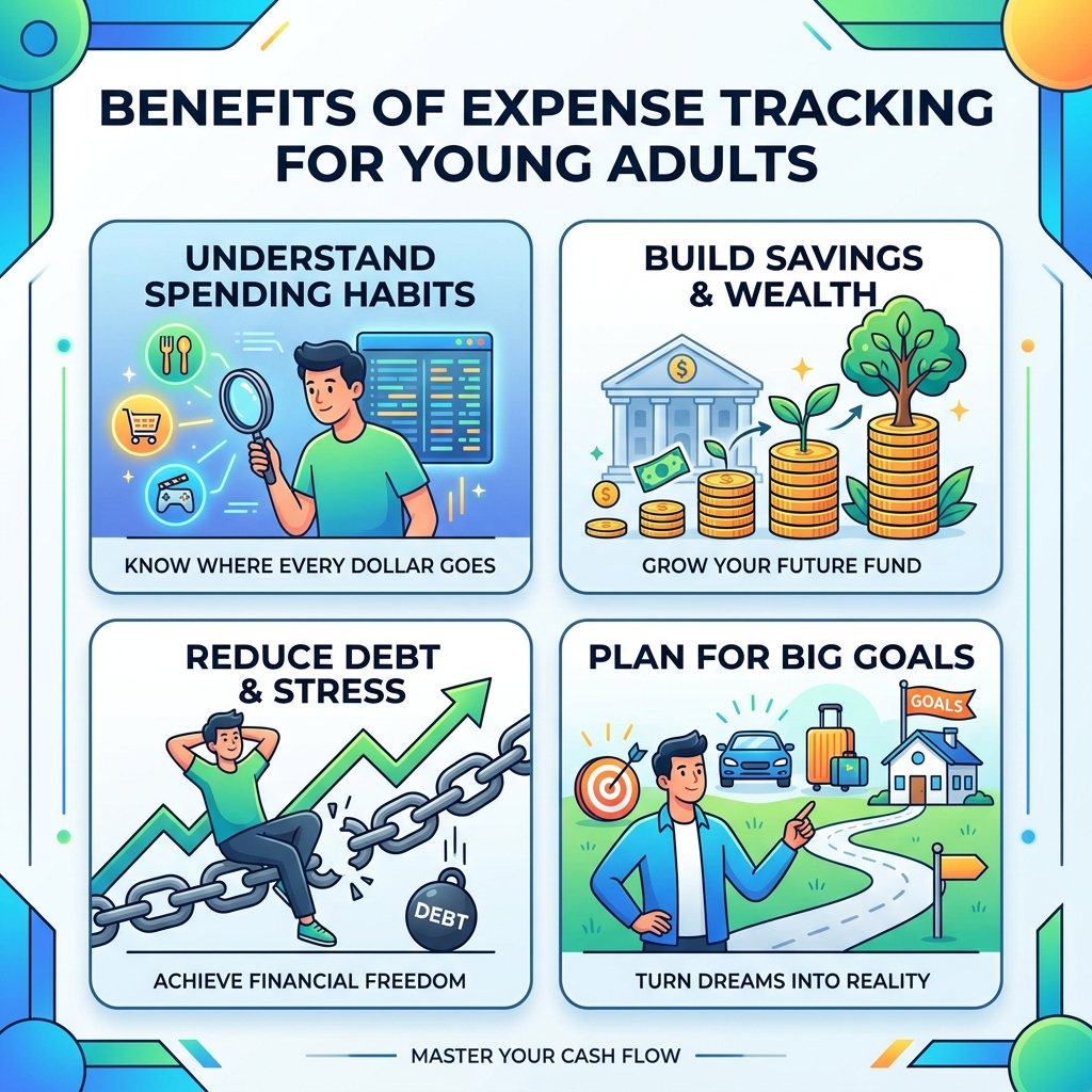 Benefits of expense tracking for young adults infographic - track expenses young adult tips infographic 