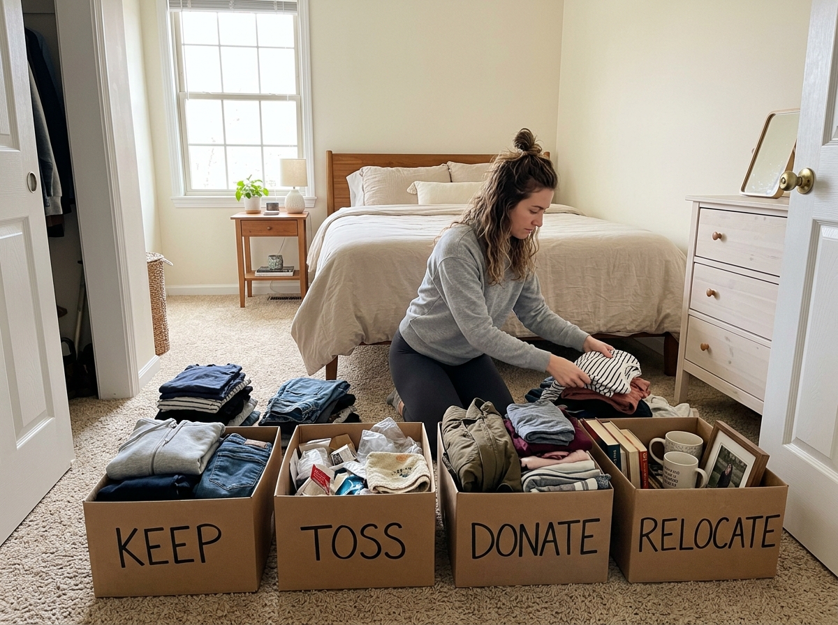decluttering session with labeled bins - best way to organize small bedroom