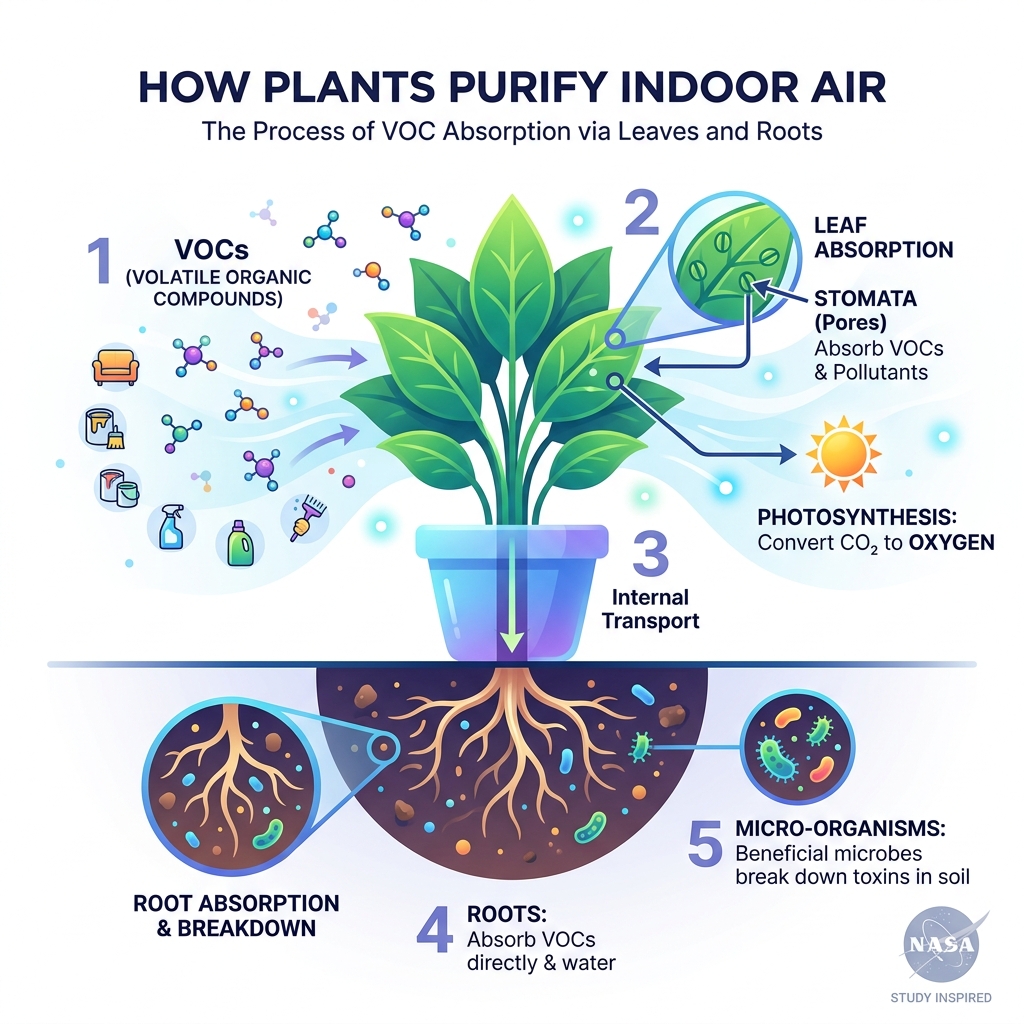 Infographic showing how plants absorb VOCs through leaves and roots to purify indoor air - best plants for air quality Infographic showing how plants absorb VOCs through leaves and roots to purify indoor air - best plants for air quality