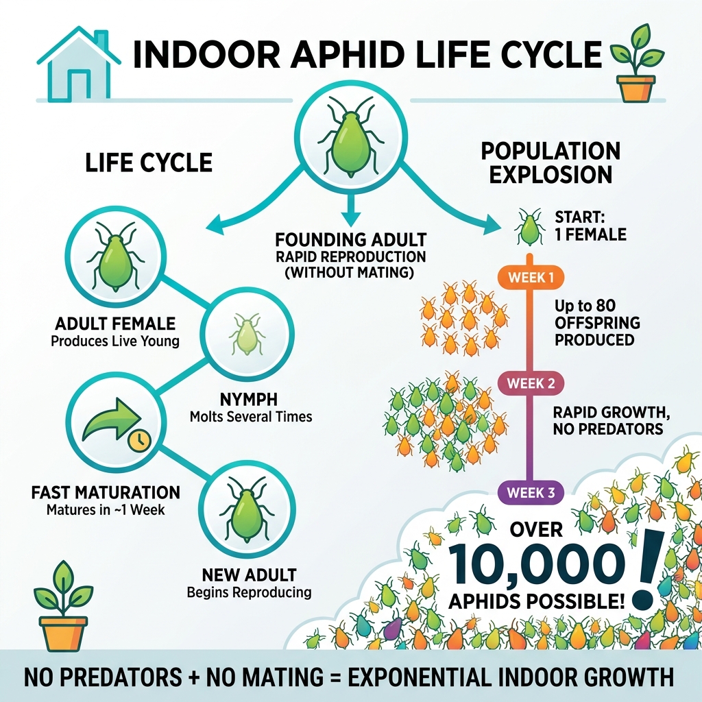 Rapid aphid life cycle indoors showing reproduction rate and population growth - aphid control indoor plants infographic Rapid aphid life cycle indoors showing reproduction rate and population growth - aphid control indoor plants infographic