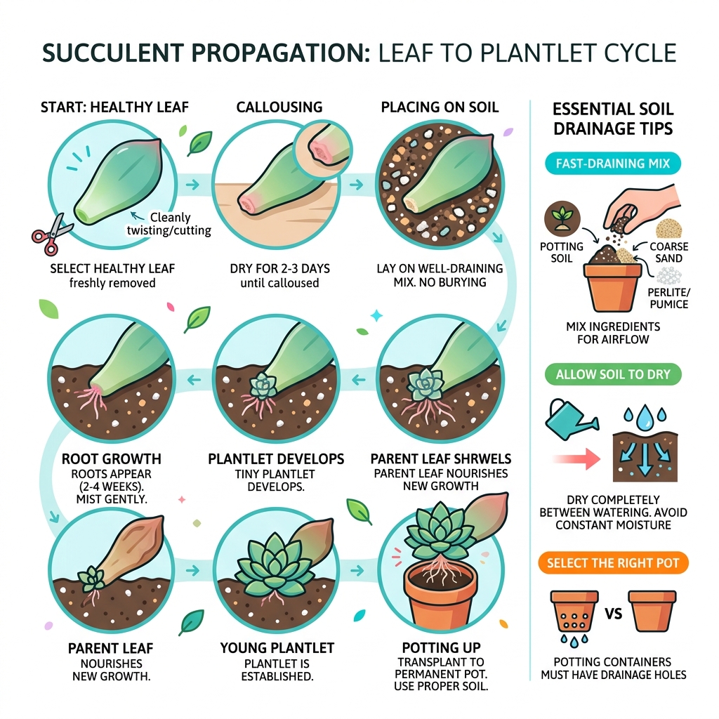 Infographic showing succulent propagation cycle from leaf to plantlet with soil drainage tips - succulent propagation soil