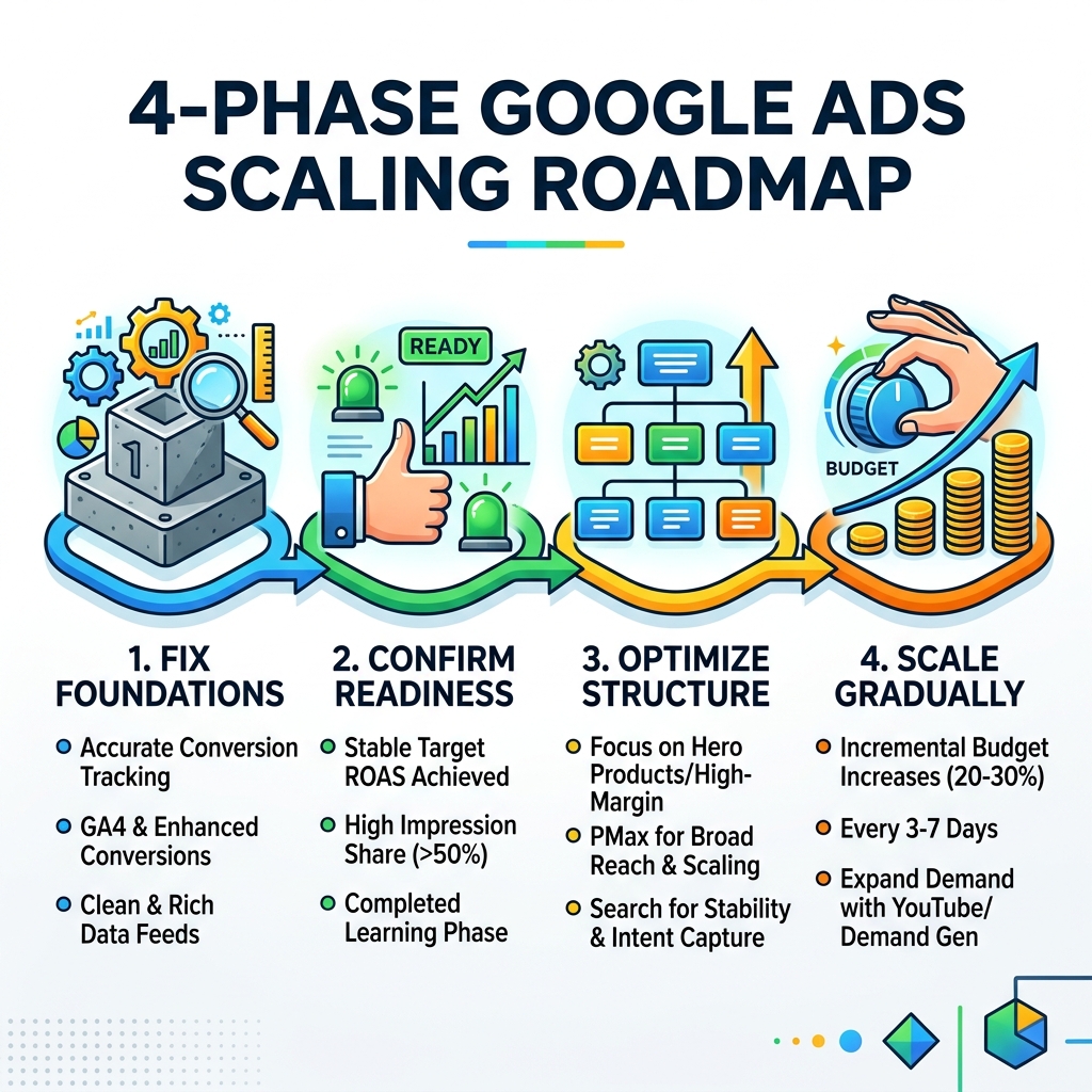 4-phase Google Ads scaling roadmap showing foundations, readiness, structure, and budget growth - scale google ads 4-phase Google Ads scaling roadmap showing foundations, readiness, structure, and budget growth - scale google ads