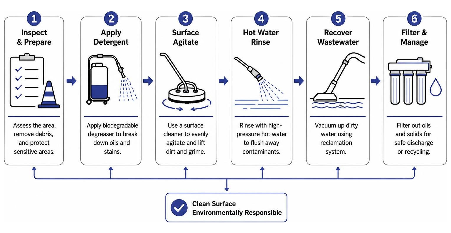 Diagram: Step-by-step commercial power washing and wastewater reclamation process Diagram: Step-by-step commercial power washing and wastewater reclamation process